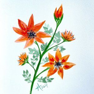 Orange Burst - Original Flowers Watercolor Painting 11x14in Matted Frame Ready